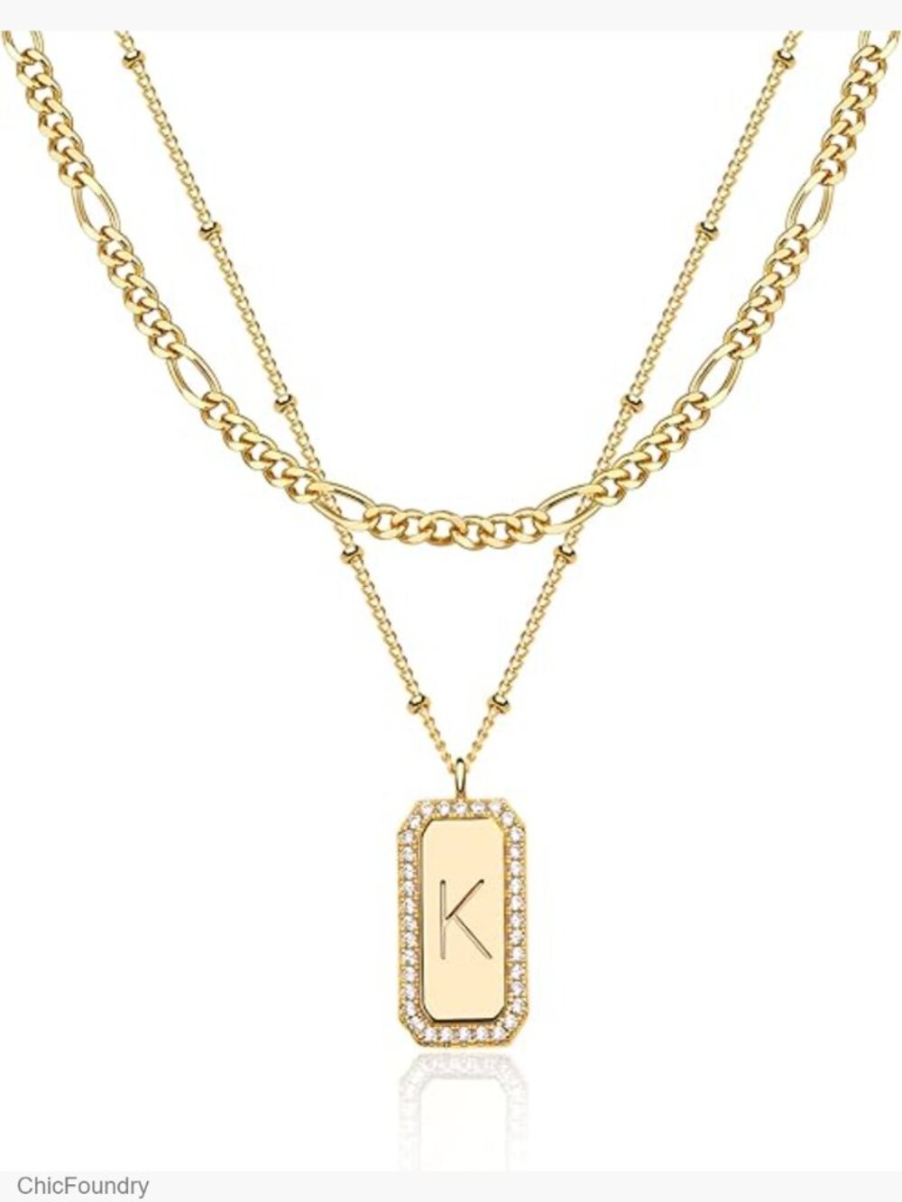 Gold Plate Figaro Choker Layered Initial Necklace Set Simple Pendant